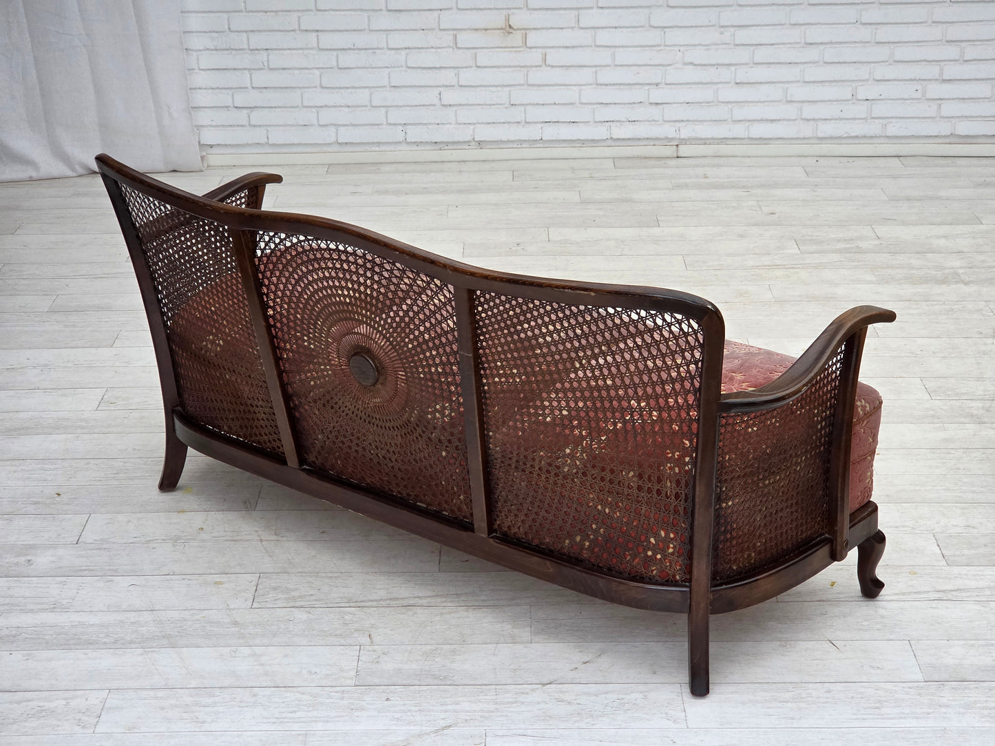 1950s, Danish 3-seater sofa, salmon pink velour, furniture mesh, dark beech wood.