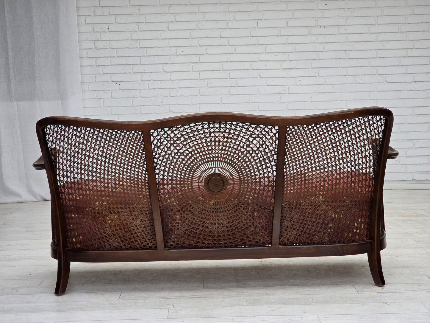 1950s, Danish 3-seater sofa, salmon pink velour, furniture mesh, dark beech wood.