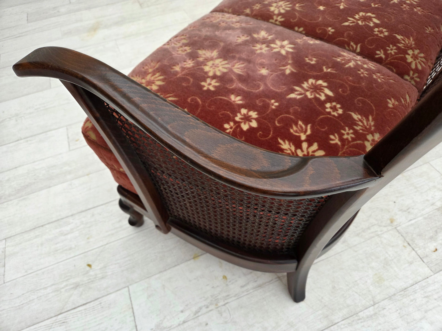 1950s, Danish 3-seater sofa, salmon pink velour, furniture mesh, dark beech wood.