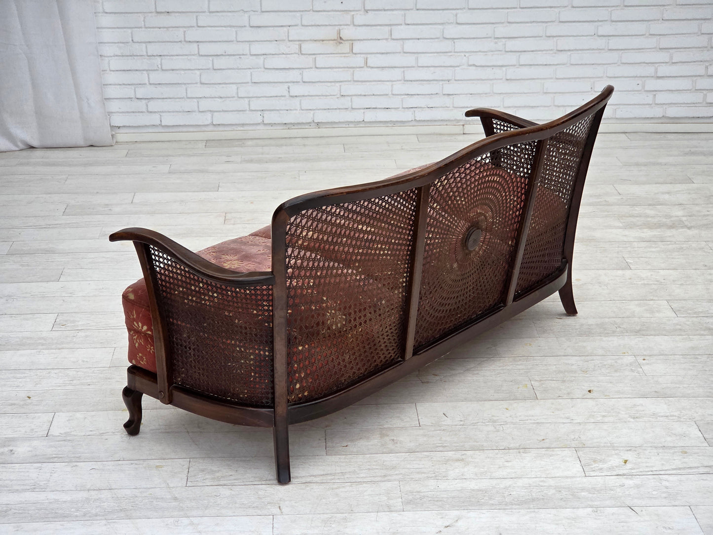 1950s, Danish 3-seater sofa, salmon pink velour, furniture mesh, dark beech wood.