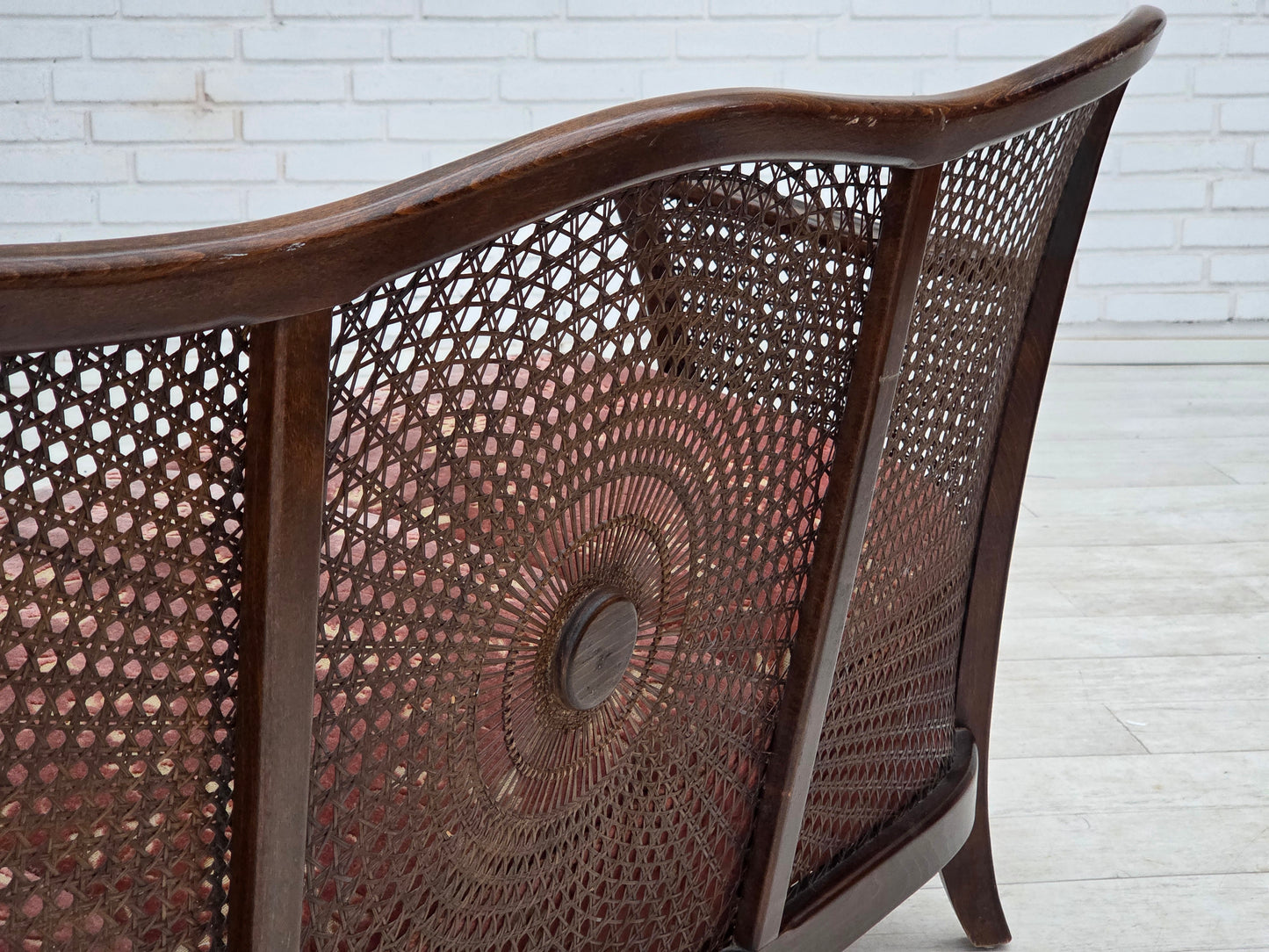 1950s, Danish 3-seater sofa, salmon pink velour, furniture mesh, dark beech wood.