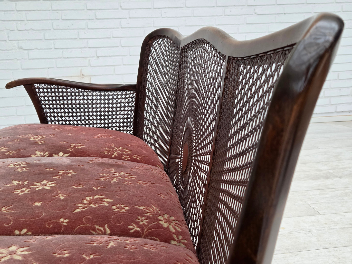 1950s, Danish 3-seater sofa, salmon pink velour, furniture mesh, dark beech wood.