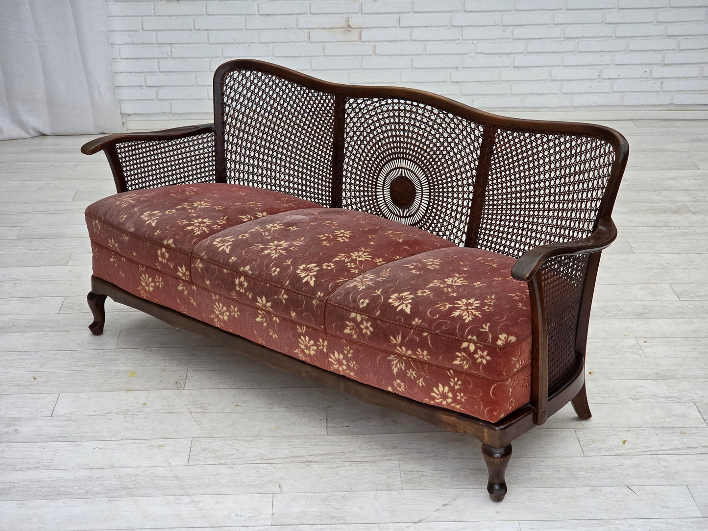 1950s, Danish 3-seater sofa, salmon pink velour, furniture mesh, dark beech wood.