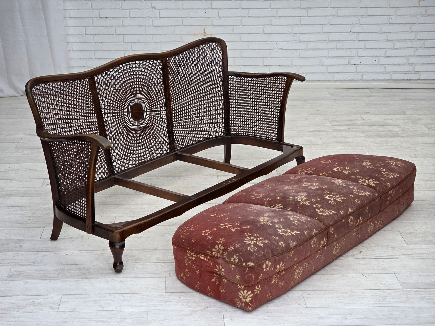 1950s, Danish 3-seater sofa, salmon pink velour, furniture mesh, dark beech wood.