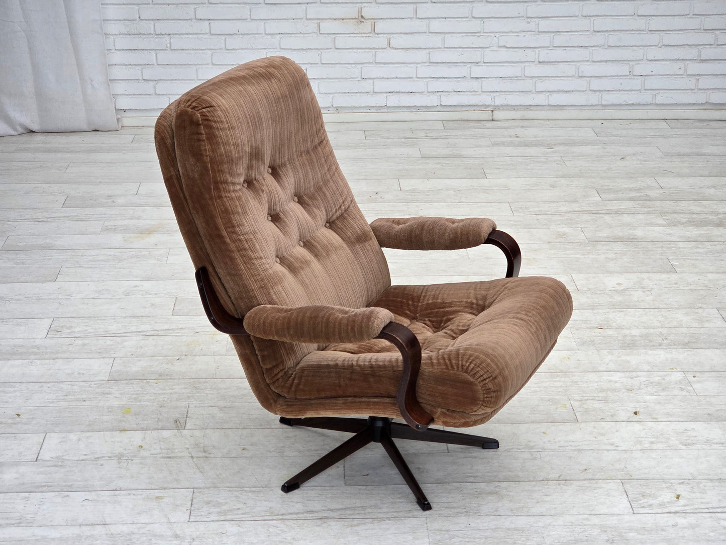 1970s, Danish swivel armchair, furniture corduroy, dark beech wood.