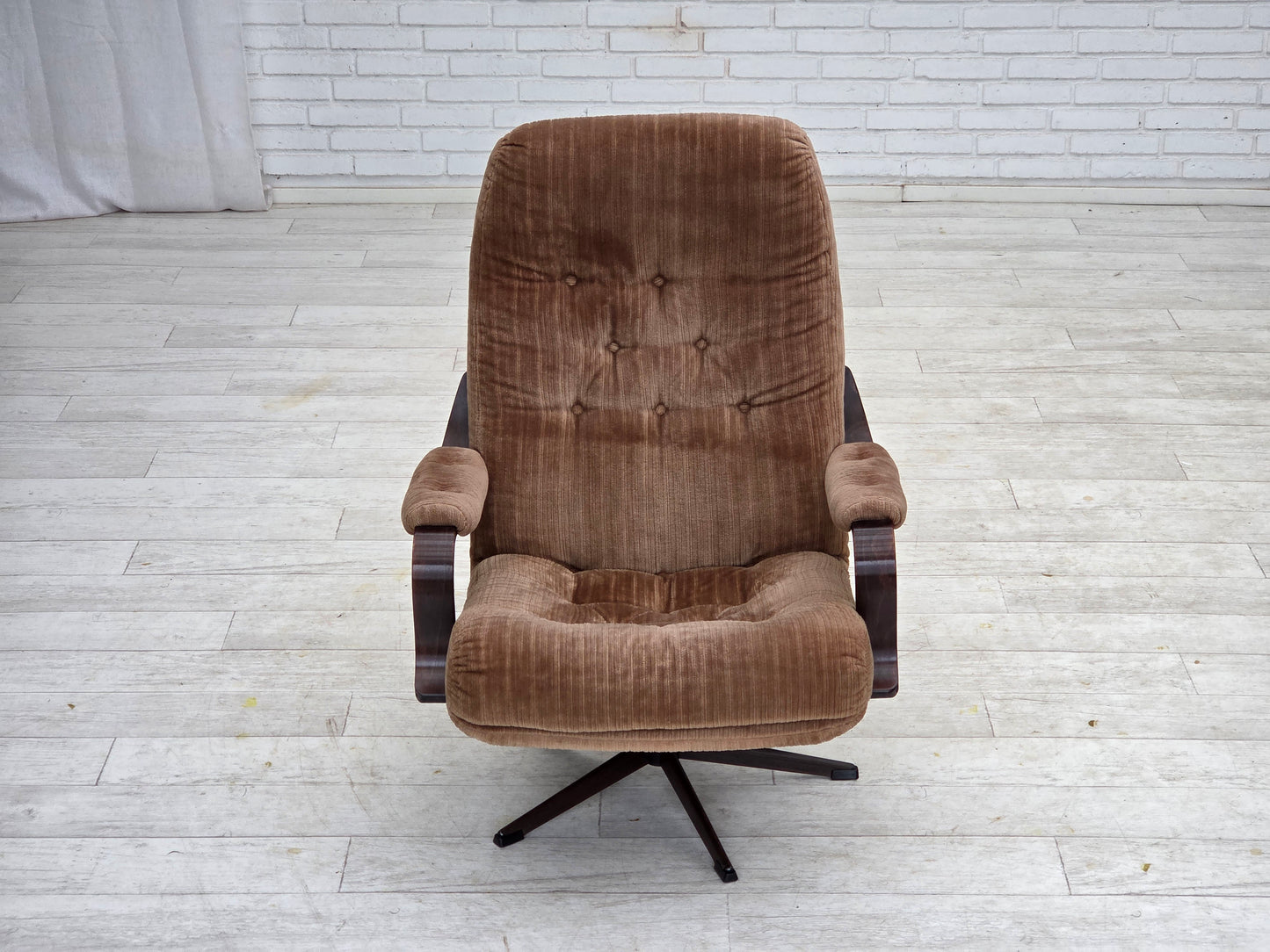 1970s, Danish swivel armchair, furniture corduroy, dark beech wood.