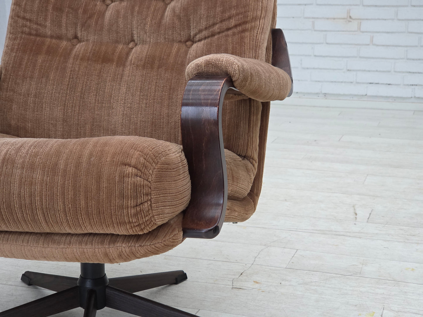 1970s, Danish swivel armchair, furniture corduroy, dark beech wood.