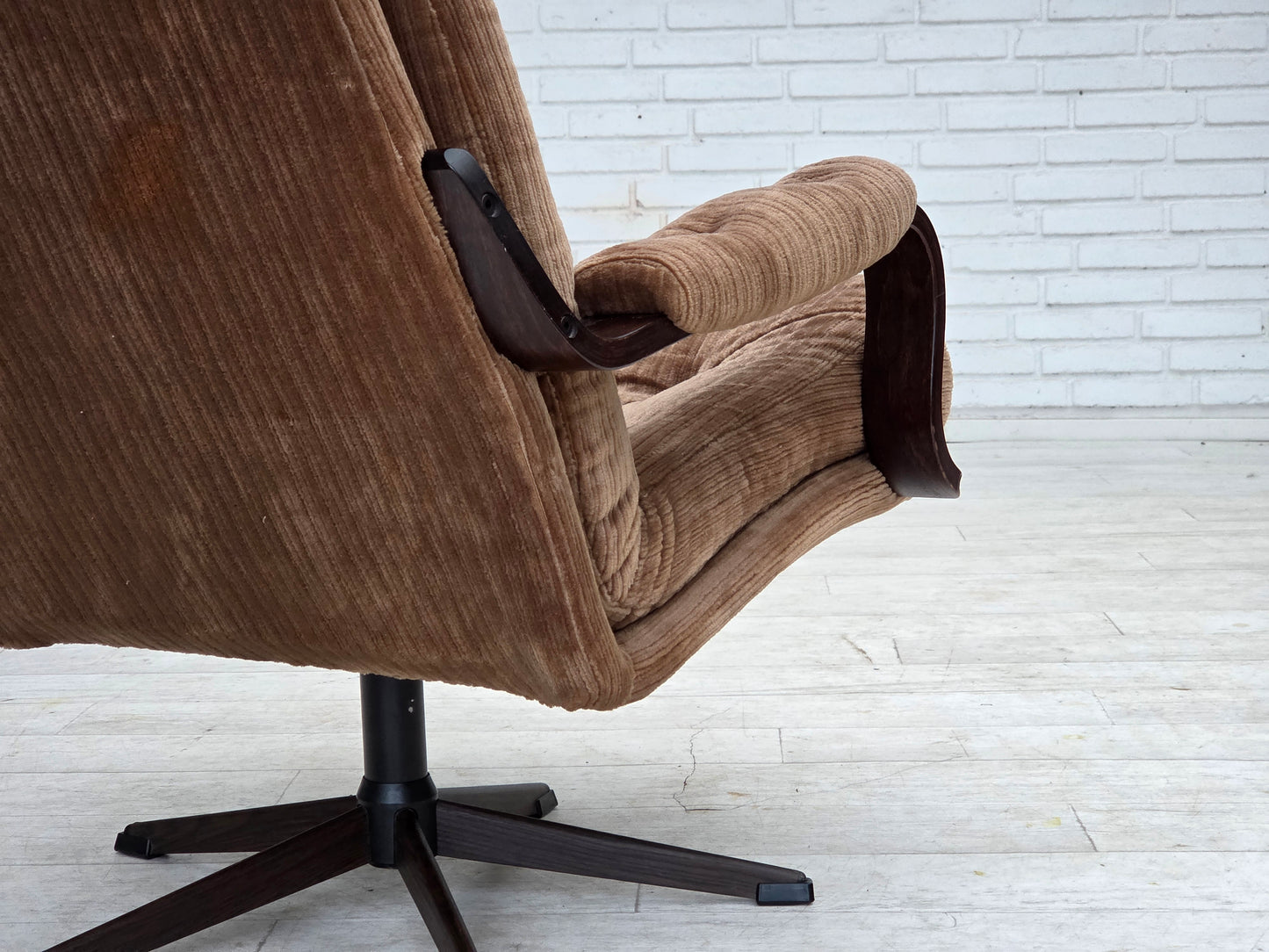 1970s, Danish swivel armchair, furniture corduroy, dark beech wood.