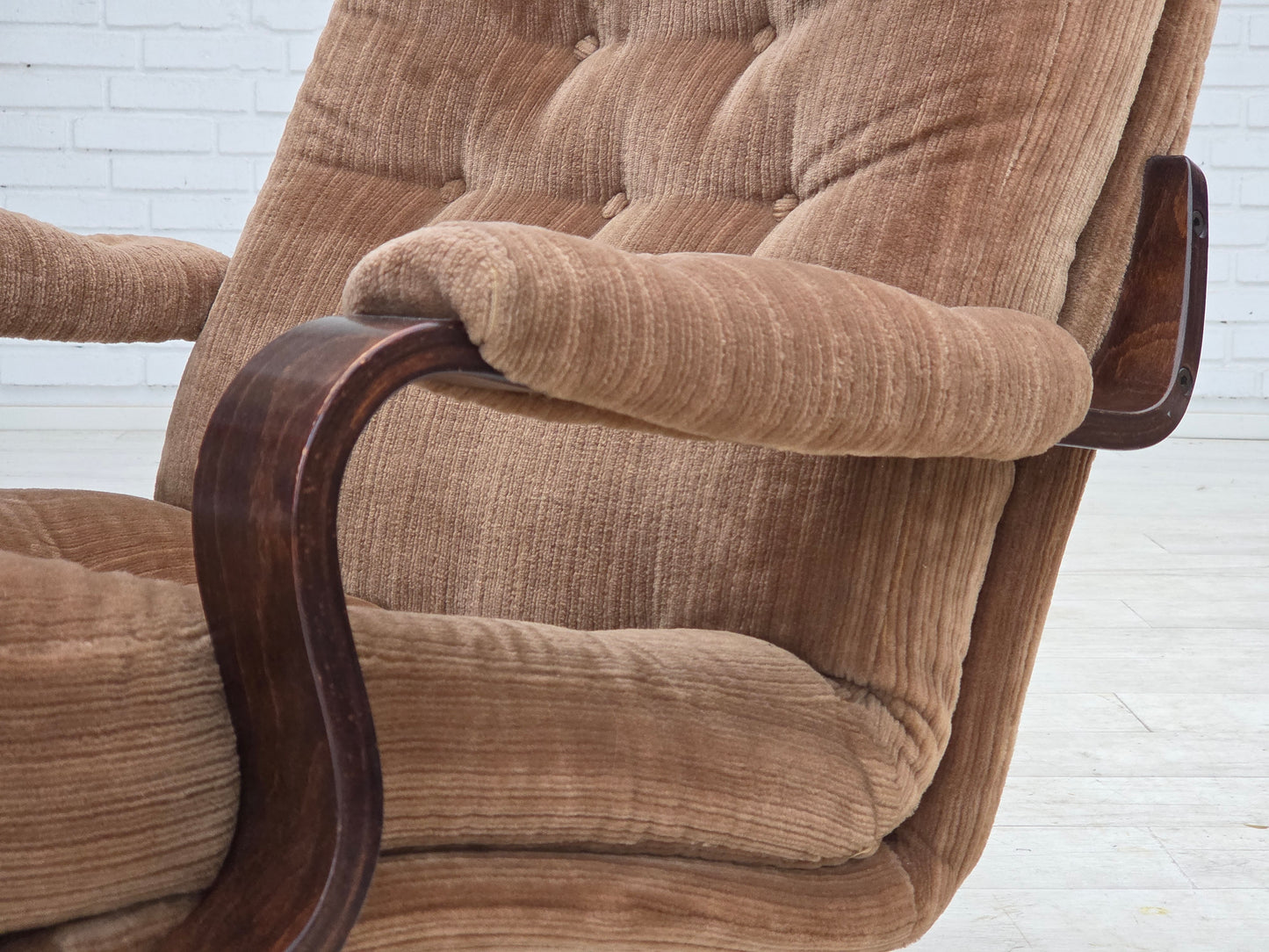 1970s, Danish swivel armchair, furniture corduroy, dark beech wood.