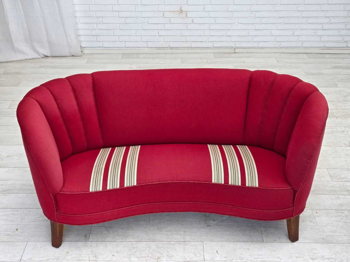 1960s, Danish 2-seater "Banana" sofa, furniture wool, oak wood legs.