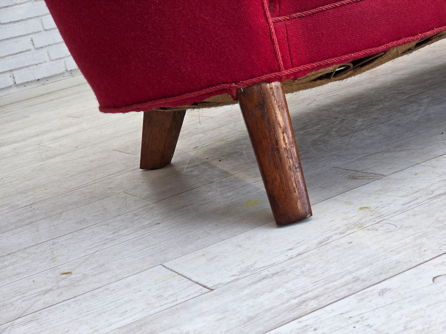 1960s, Danish 2-seater "Banana" sofa, furniture wool, oak wood legs.