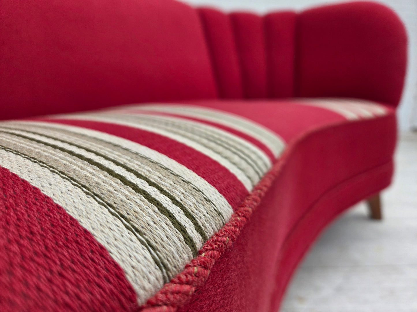 1960s, Danish 2-seater "Banana" sofa, furniture wool, oak wood legs.