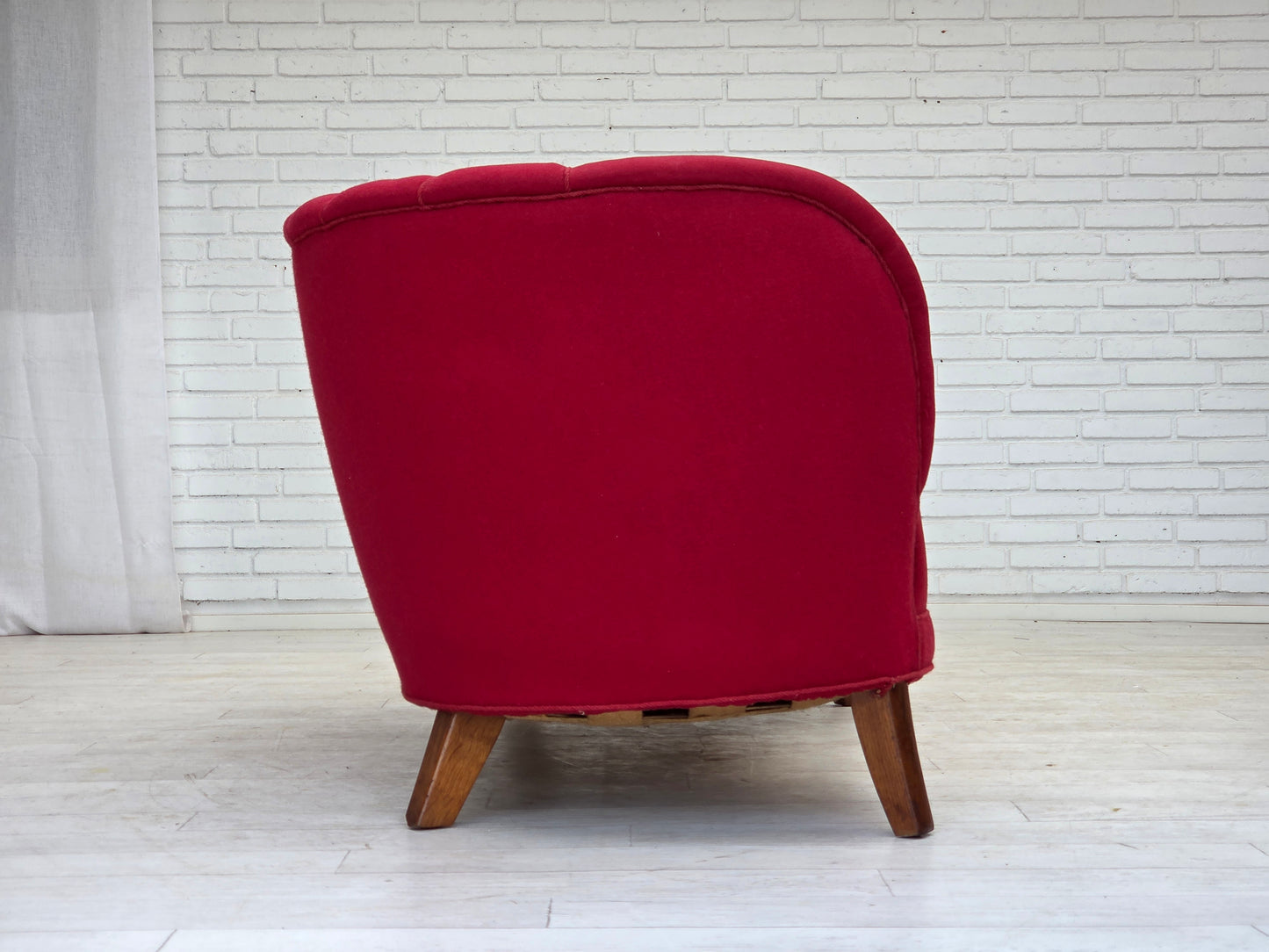 1960s, Danish 2-seater "Banana" sofa, furniture wool, oak wood legs.