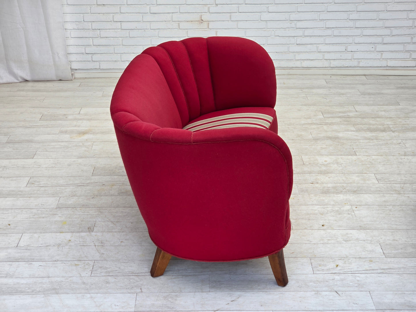 1960s, Danish 2-seater "Banana" sofa, furniture wool, oak wood legs.