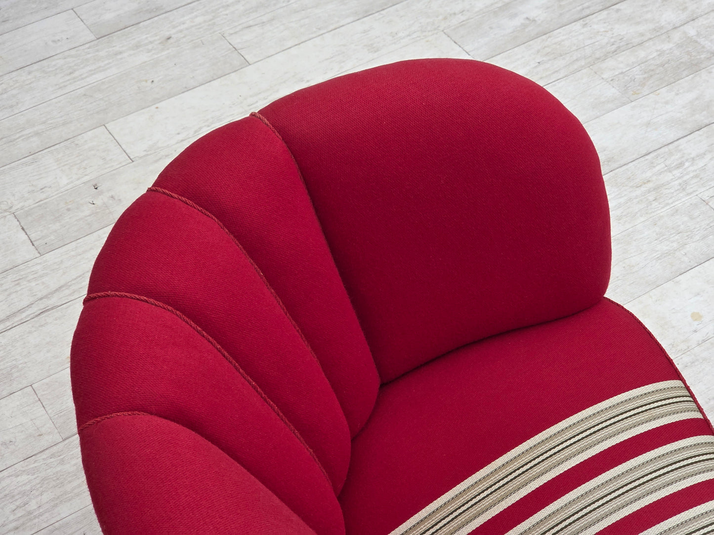 1960s, Danish 2-seater "Banana" sofa, furniture wool, oak wood legs.