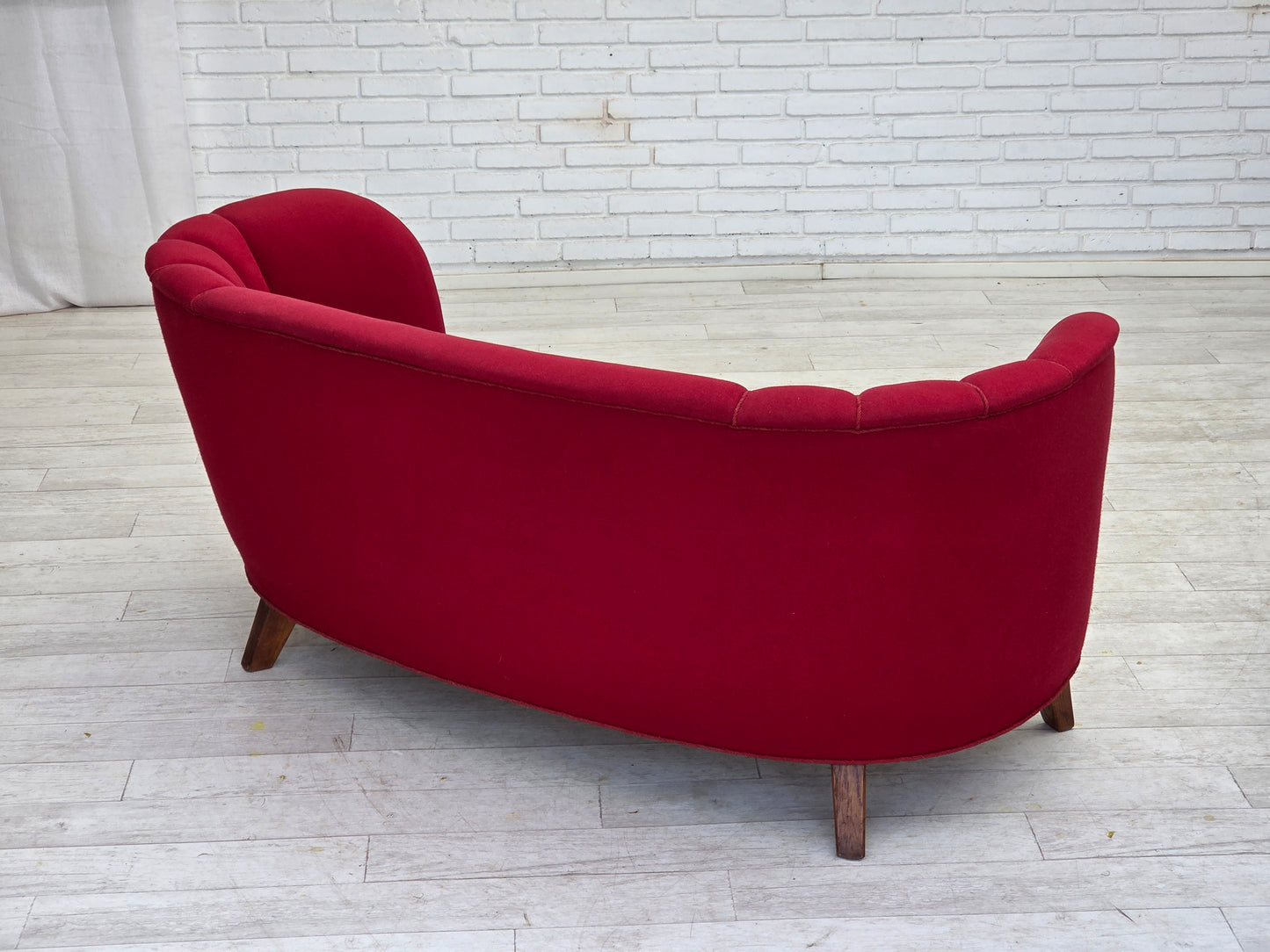 1960s, Danish 2-seater "Banana" sofa, furniture wool, oak wood legs.