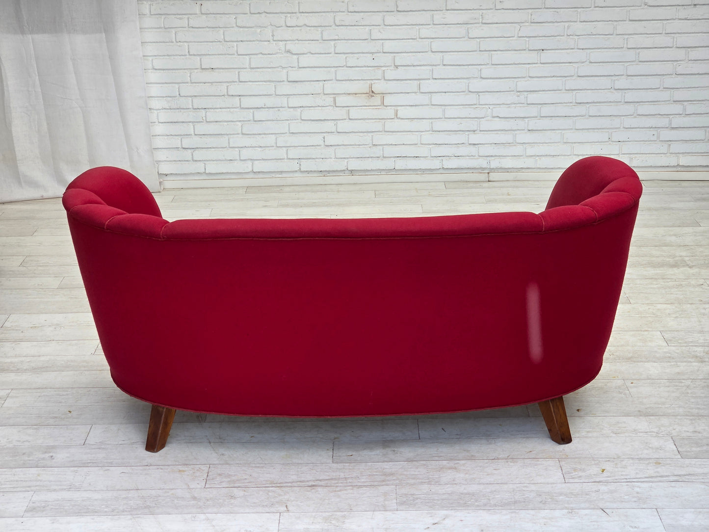 1960s, Danish 2-seater "Banana" sofa, furniture wool, oak wood legs.