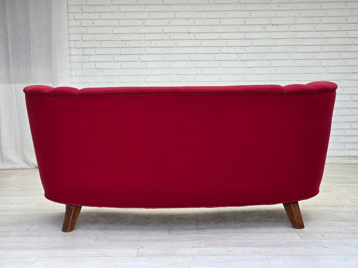 1960s, Danish 2-seater "Banana" sofa, furniture wool, oak wood legs.