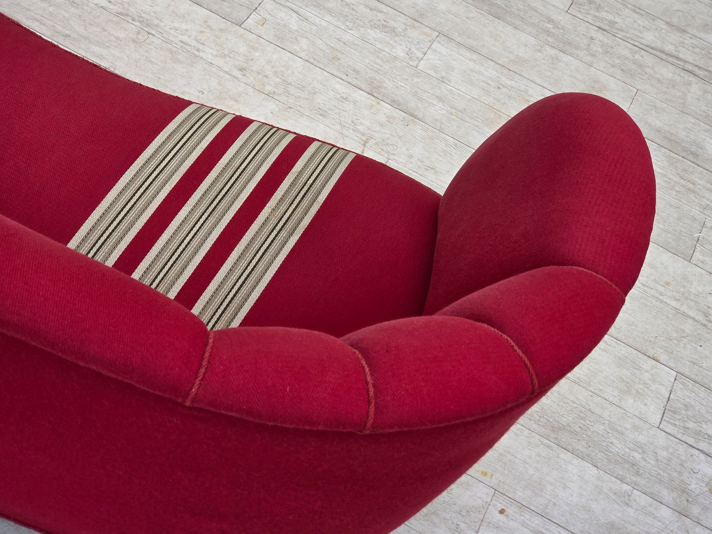 1960s, Danish 2-seater "Banana" sofa, furniture wool, oak wood legs.