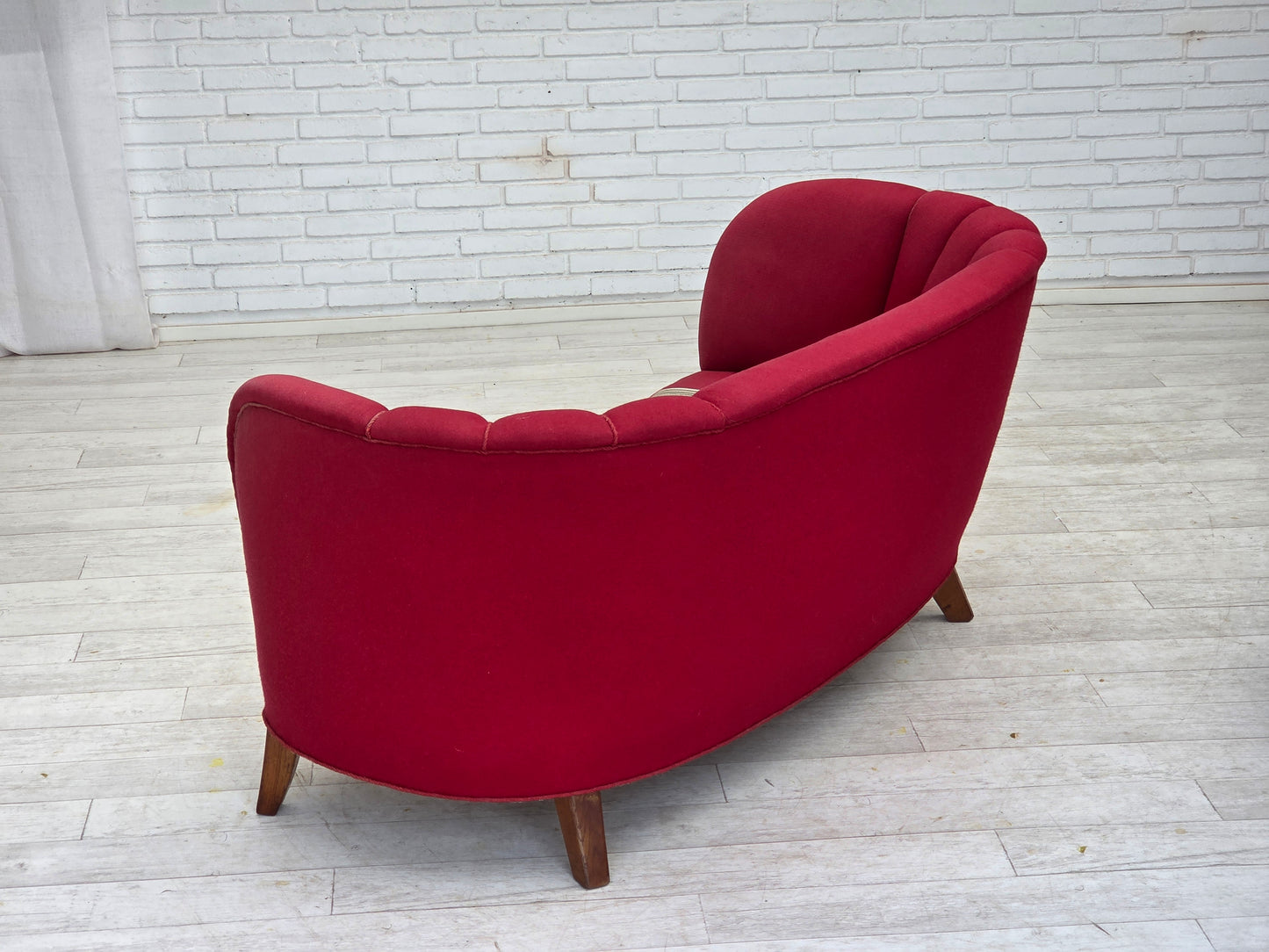 1960s, Danish 2-seater "Banana" sofa, furniture wool, oak wood legs.