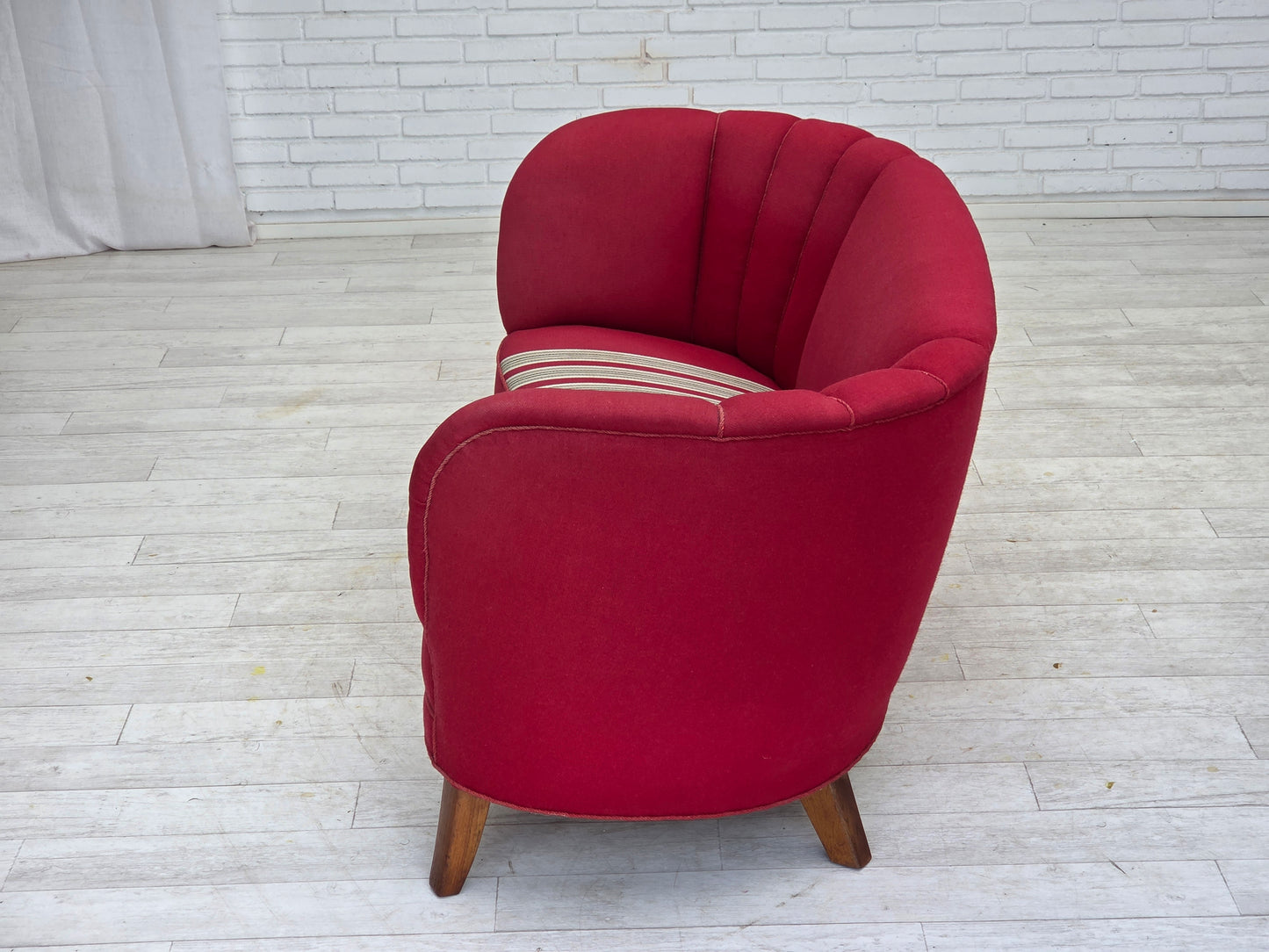 1960s, Danish 2-seater "Banana" sofa, furniture wool, oak wood legs.