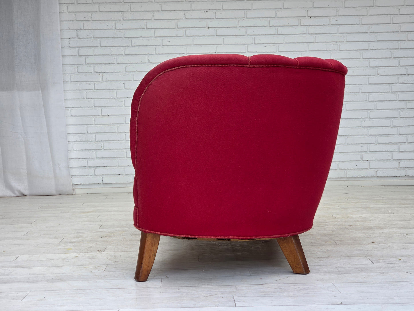 1960s, Danish 2-seater "Banana" sofa, furniture wool, oak wood legs.
