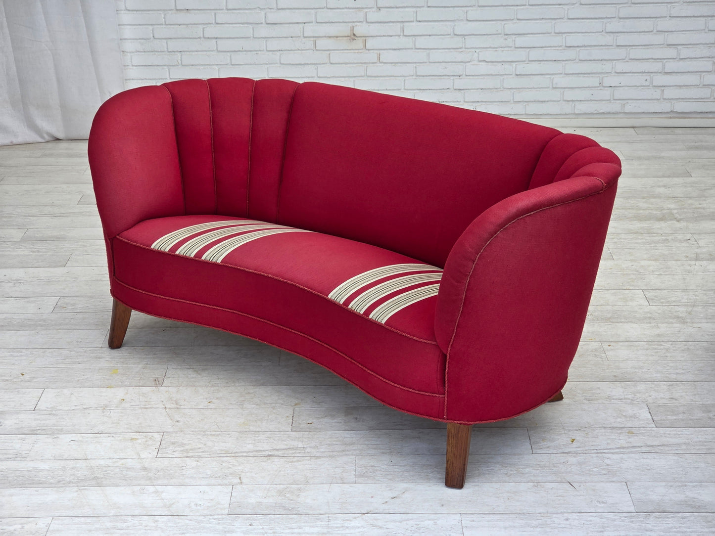 1960s, Danish 2-seater "Banana" sofa, furniture wool, oak wood legs.
