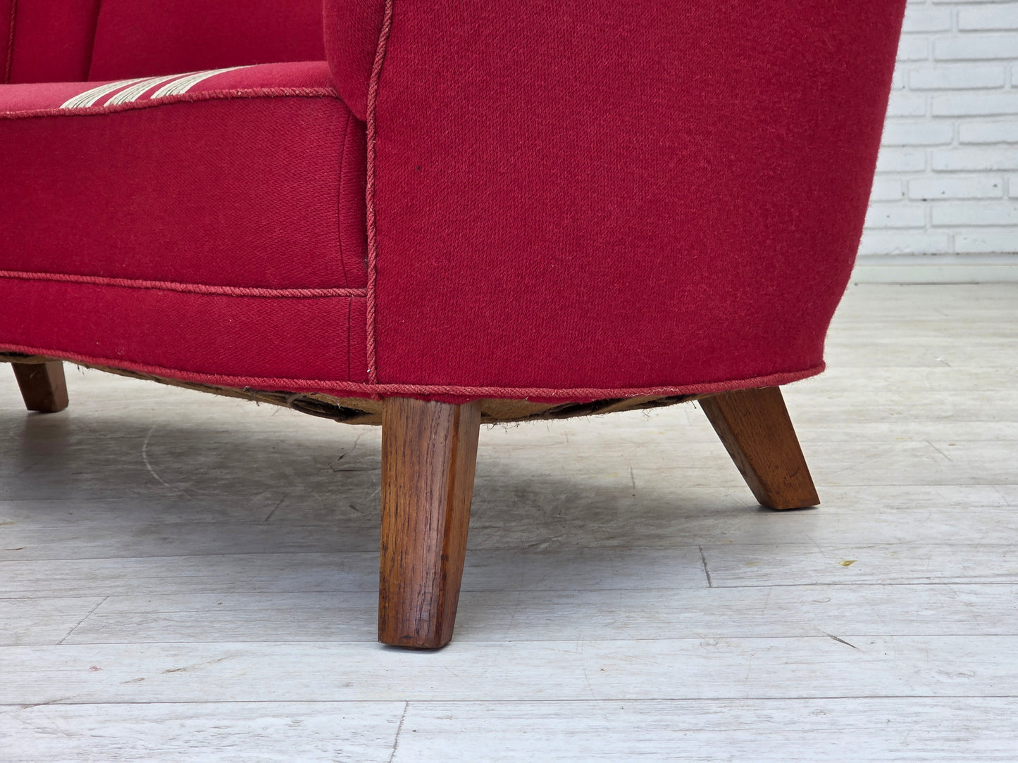 1960s, Danish 2-seater "Banana" sofa, furniture wool, oak wood legs.