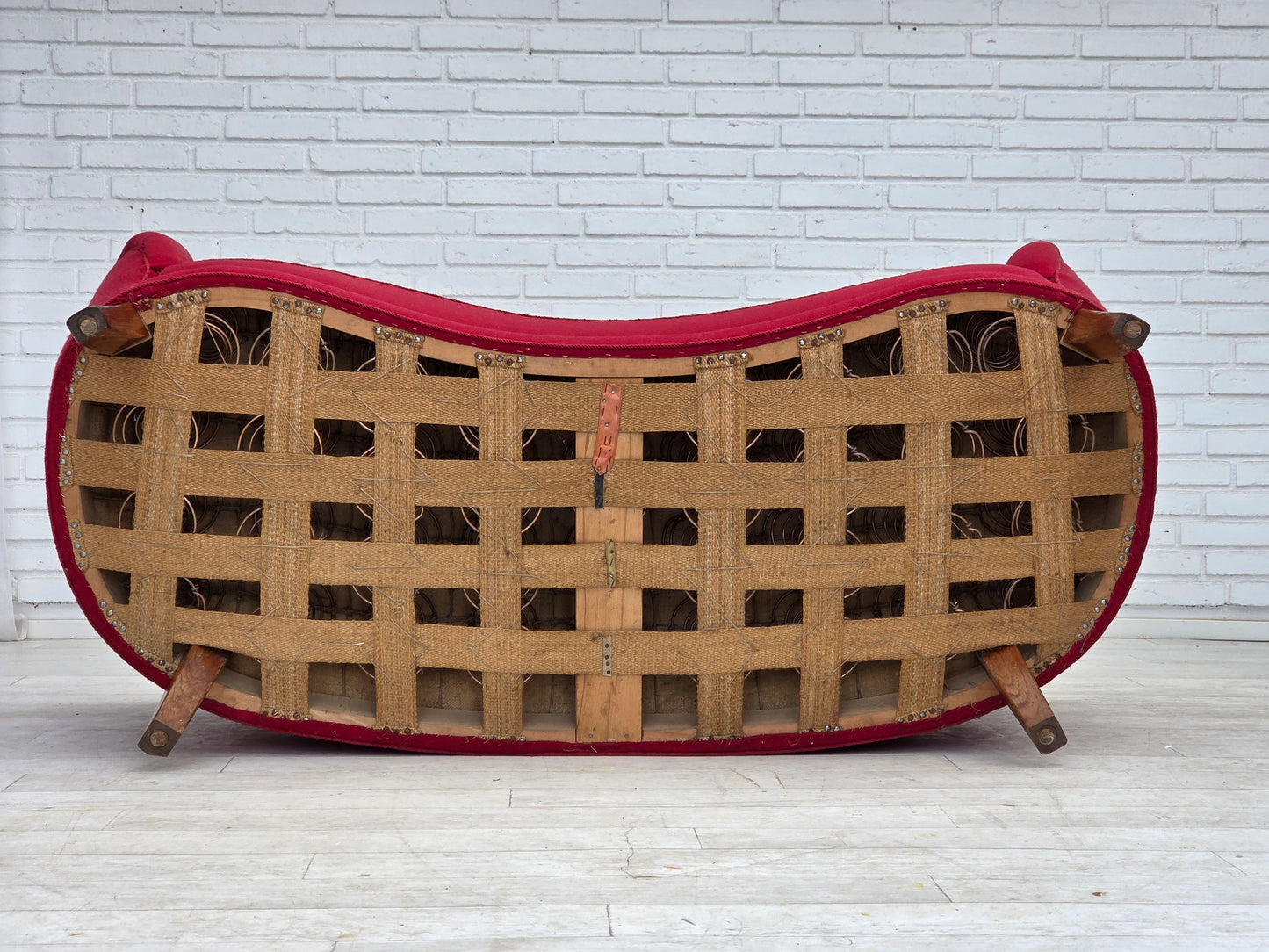 1960s, Danish 2-seater "Banana" sofa, furniture wool, oak wood legs.