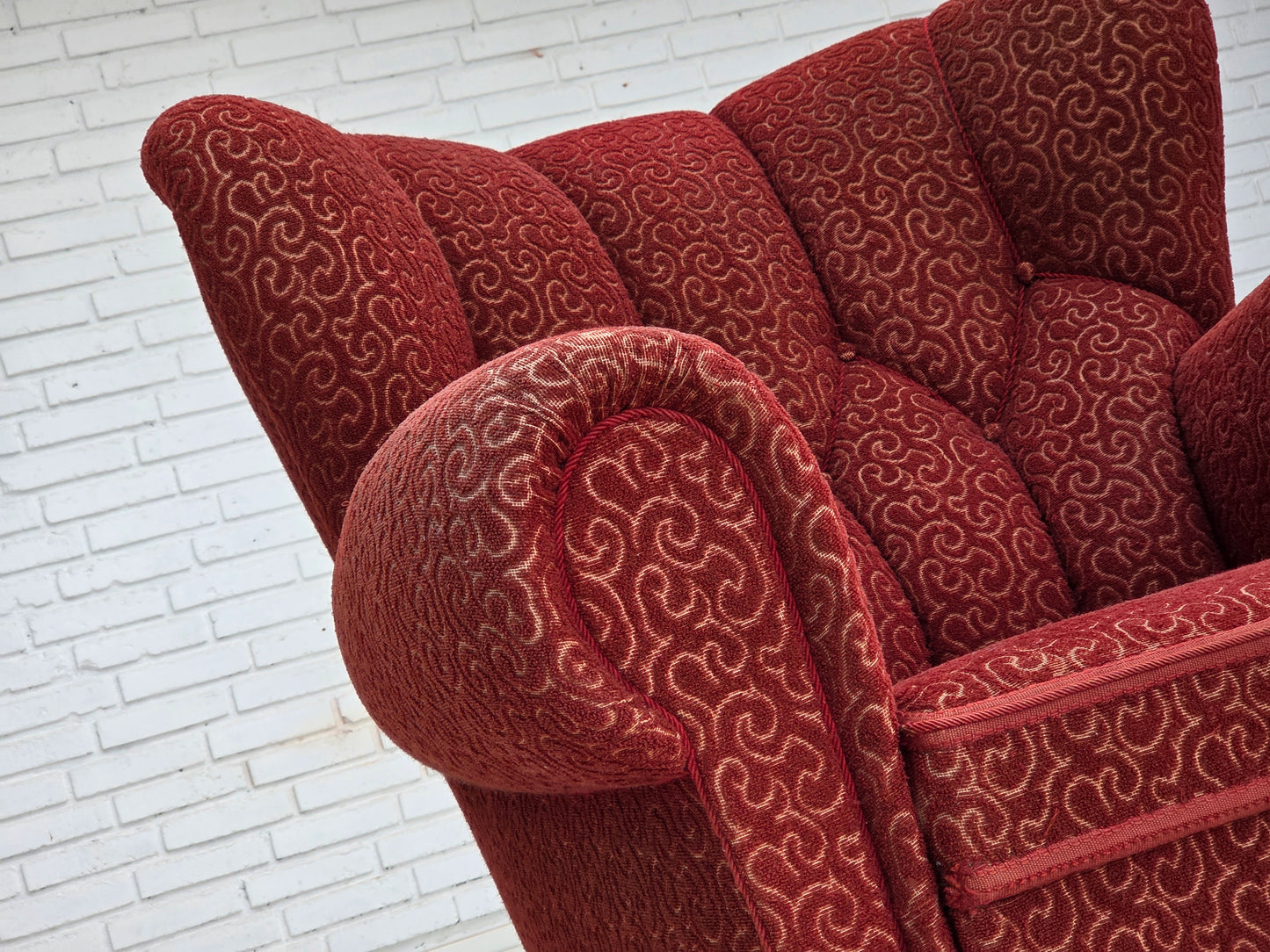 1960s, Danish relax armchair, original red furniture wool, oak wood legs.