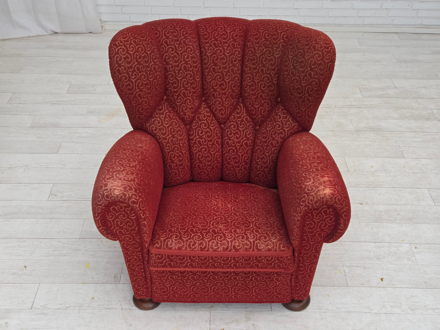 1960s, Danish relax armchair, original red furniture wool, oak wood legs.