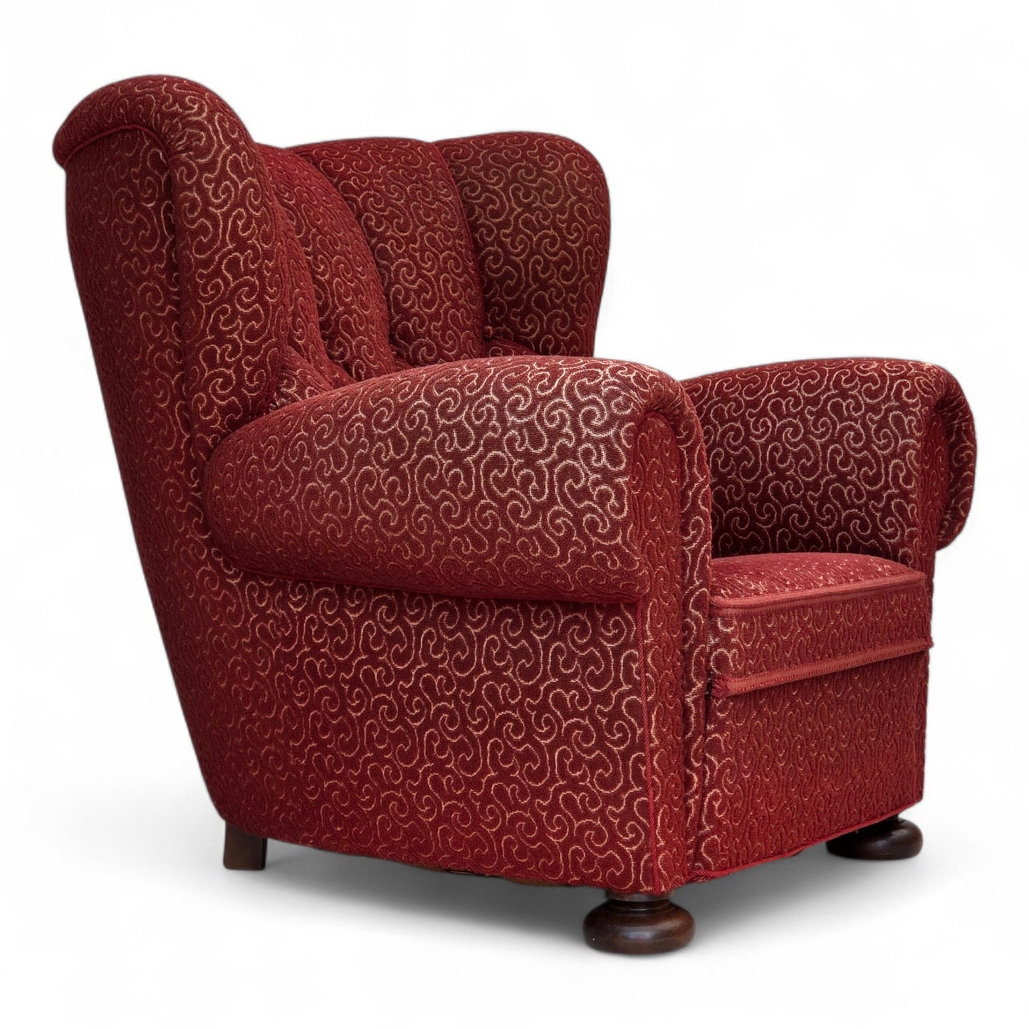 1960s, Danish relax armchair, original red furniture wool, oak wood legs.