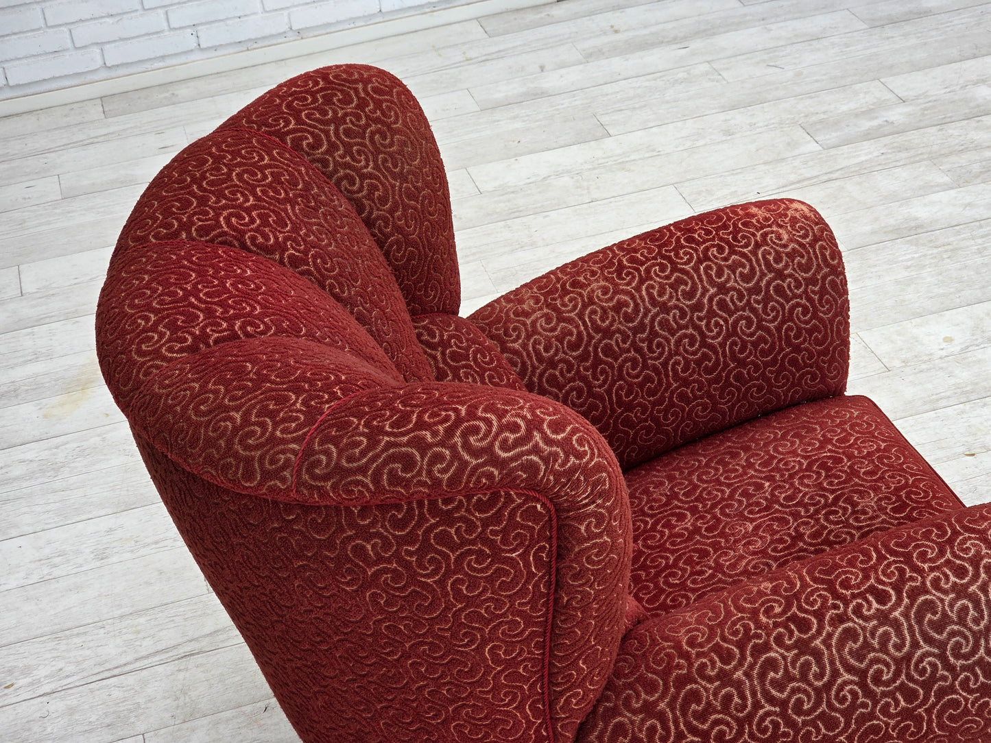 1960s, Danish relax armchair, original red furniture wool, oak wood legs.