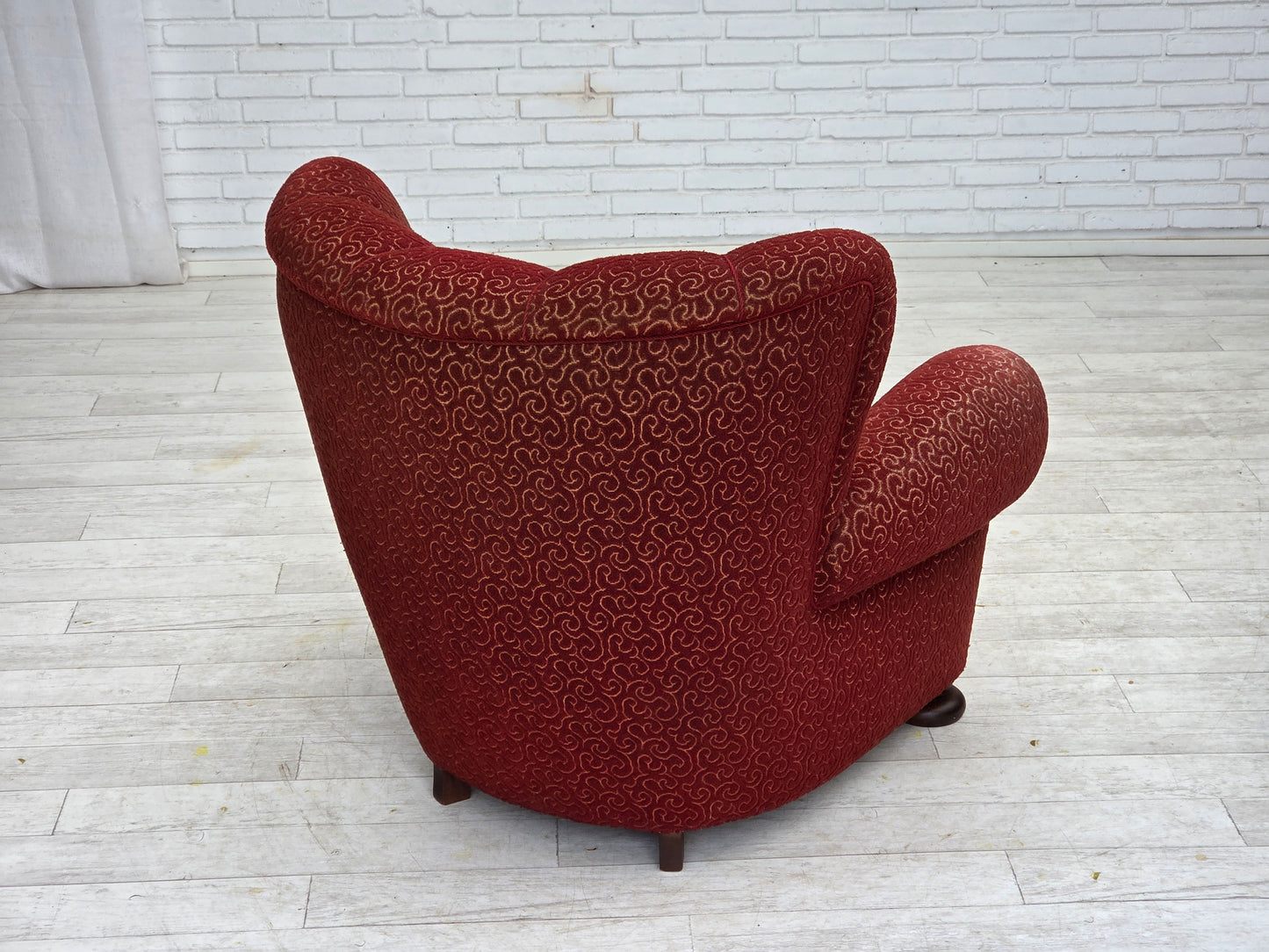1960s, Danish relax armchair, original red furniture wool, oak wood legs.