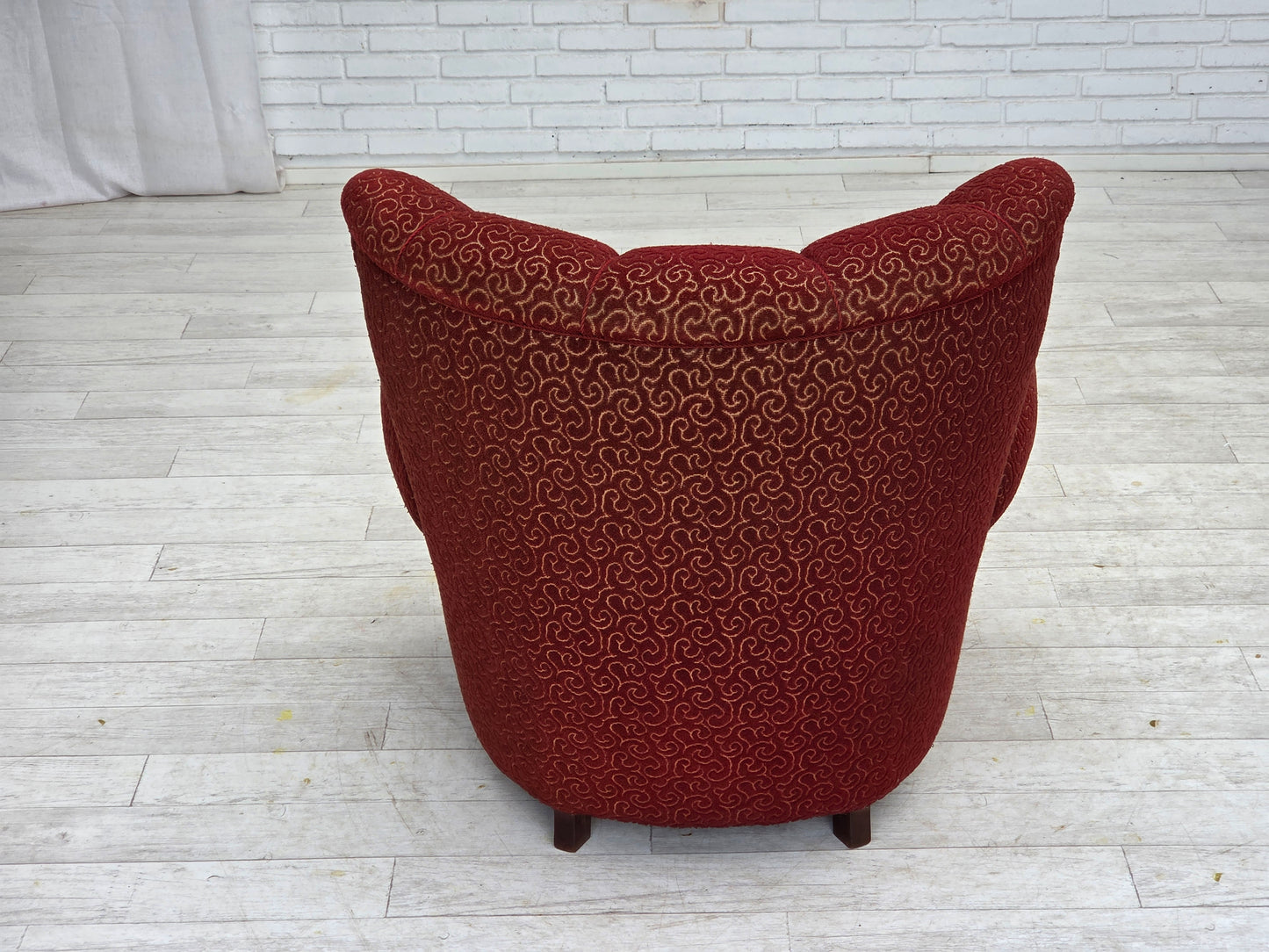 1960s, Danish relax armchair, original red furniture wool, oak wood legs.