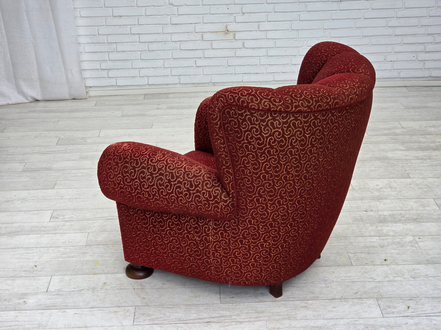 1960s, Danish relax armchair, original red furniture wool, oak wood legs.