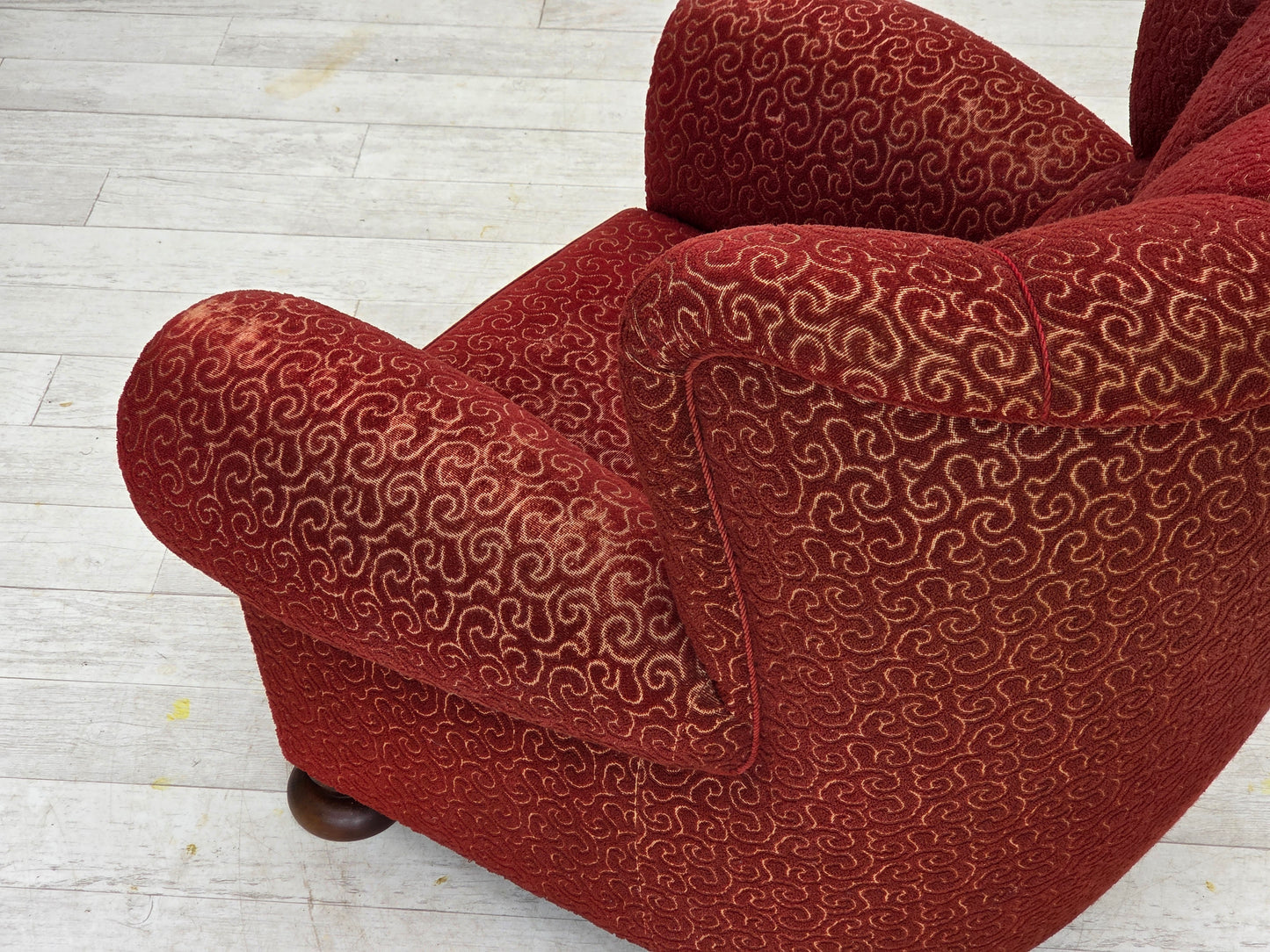 1960s, Danish relax armchair, original red furniture wool, oak wood legs.