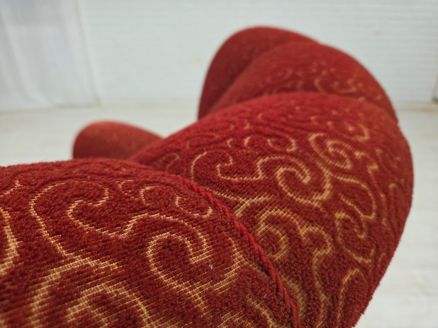 1960s, Danish relax armchair, original red furniture wool, oak wood legs.