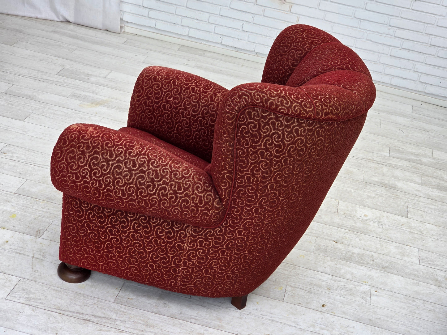 1960s, Danish relax armchair, original red furniture wool, oak wood legs.