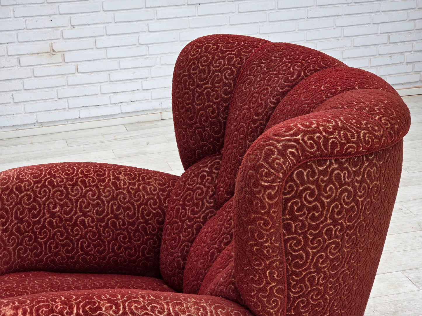 1960s, Danish relax armchair, original red furniture wool, oak wood legs.