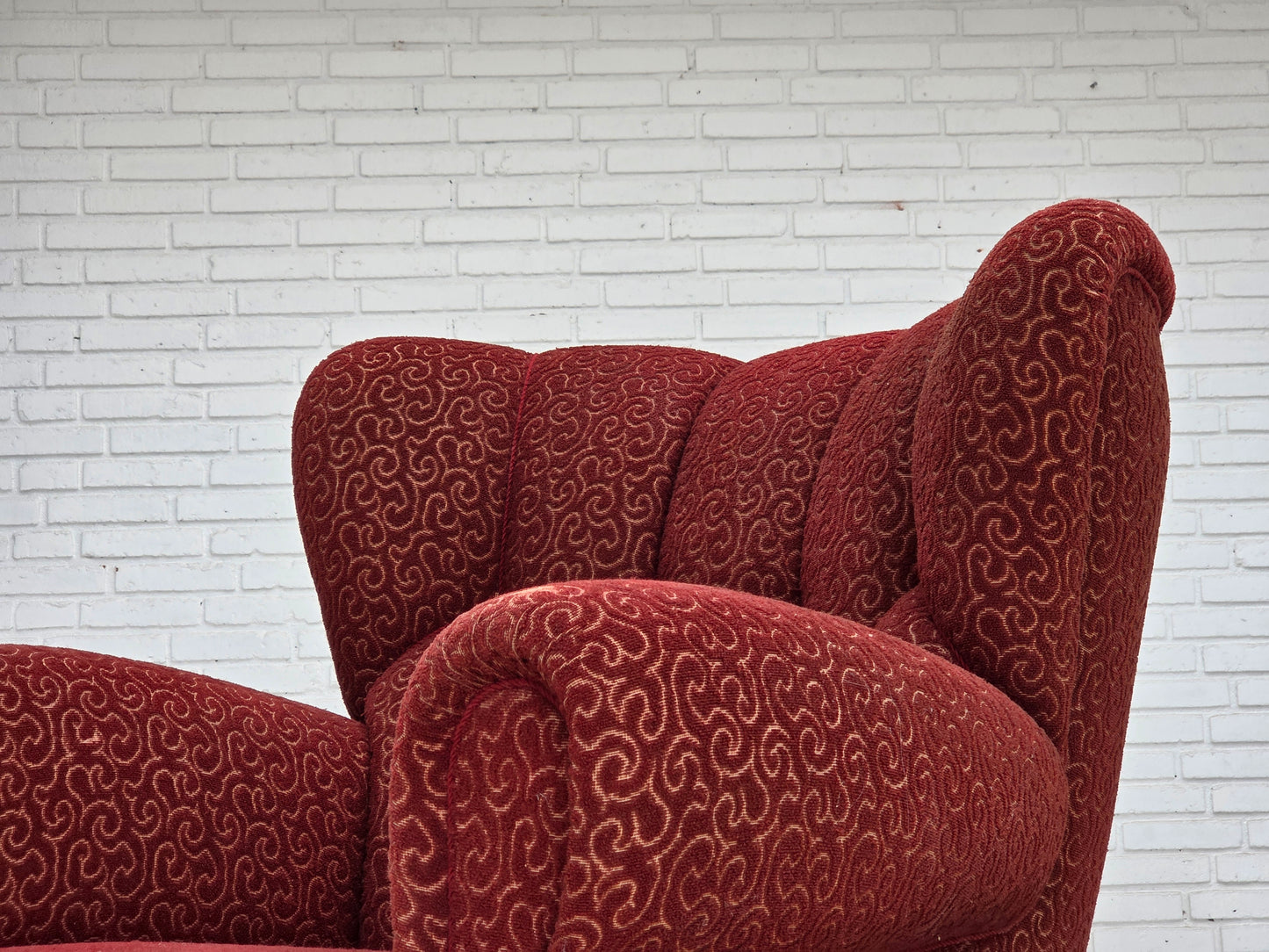 1960s, Danish relax armchair, original red furniture wool, oak wood legs.
