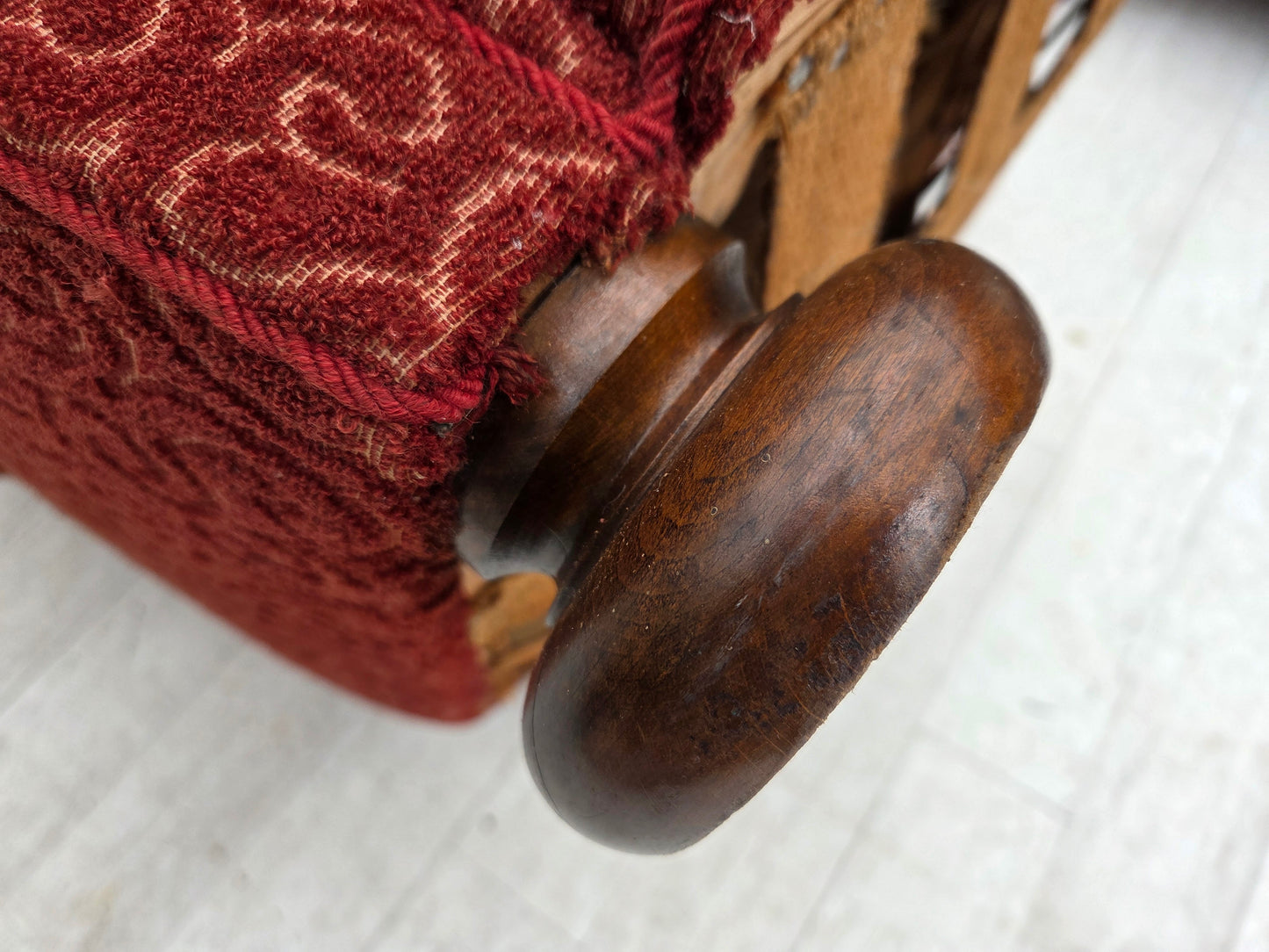 1960s, Danish relax armchair, original red furniture wool, oak wood legs.