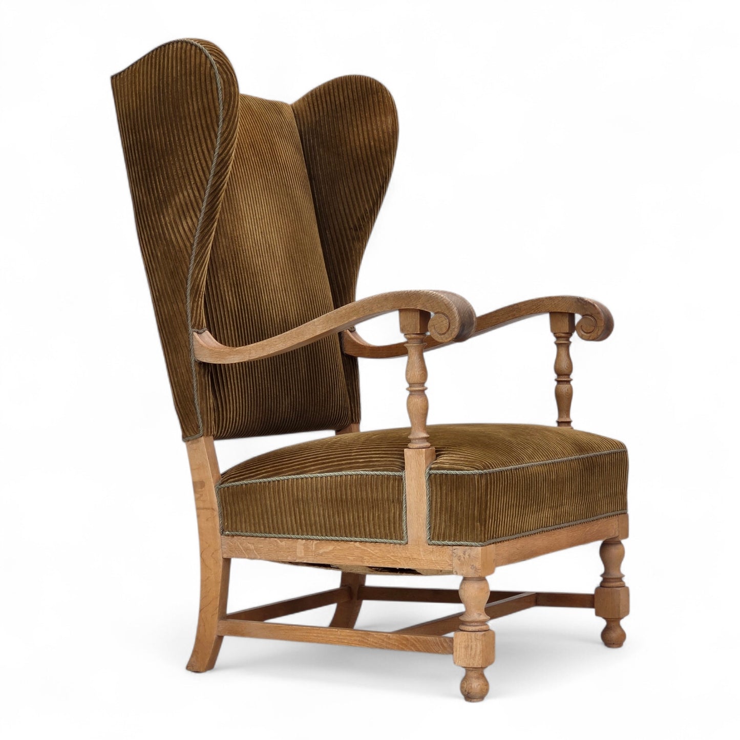 1970s, Scandinavian wingback, highback armchair, furniture corduroy, carved oak wood.