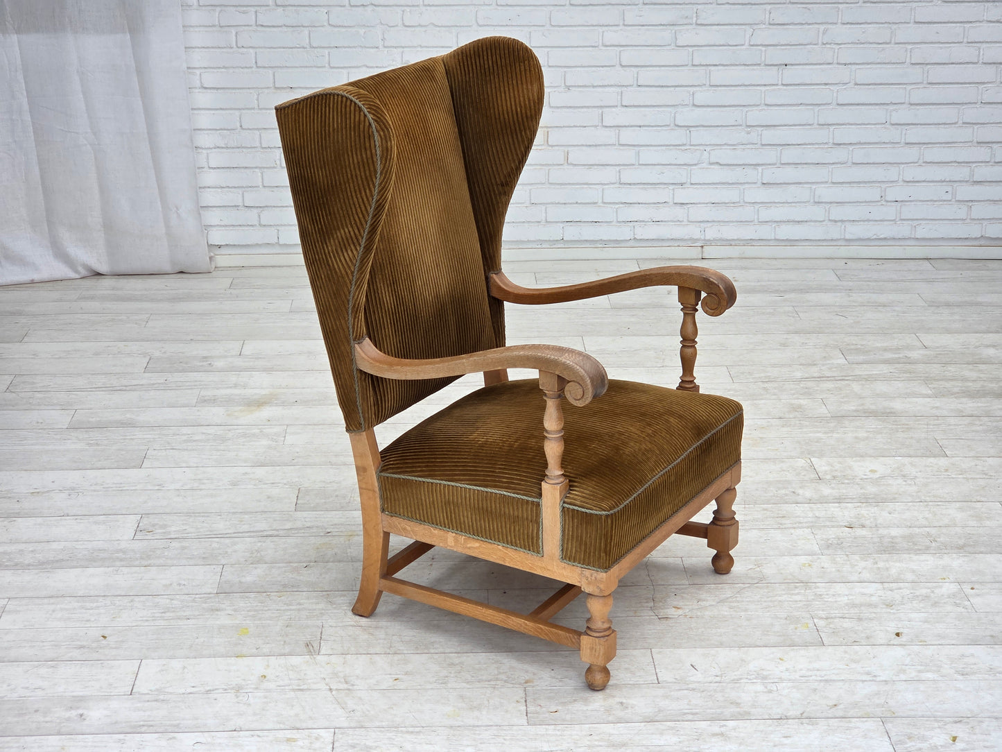 1970s, Scandinavian wingback, highback armchair, furniture corduroy, carved oak wood.