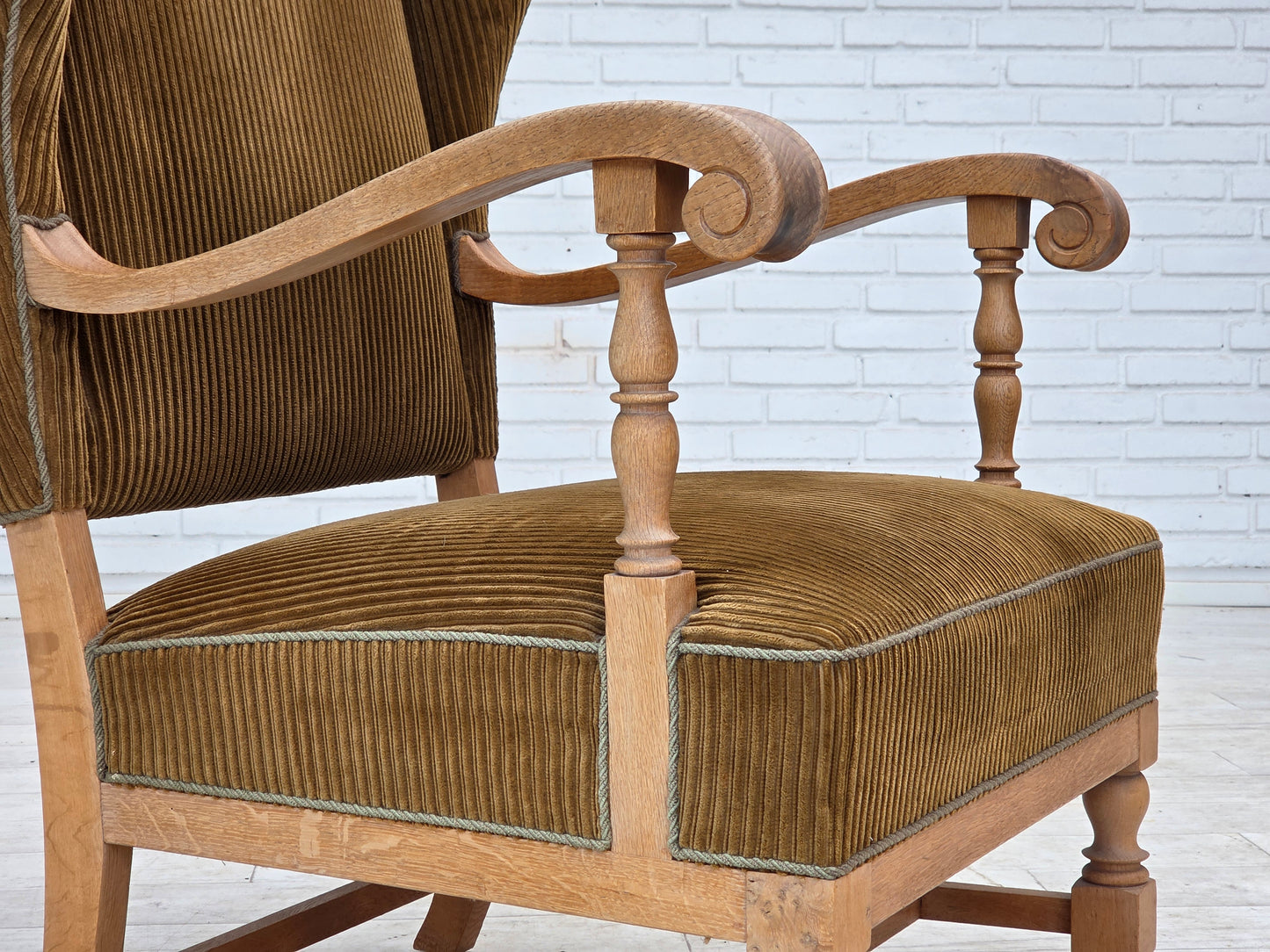 1970s, Scandinavian wingback, highback armchair, furniture corduroy, carved oak wood.