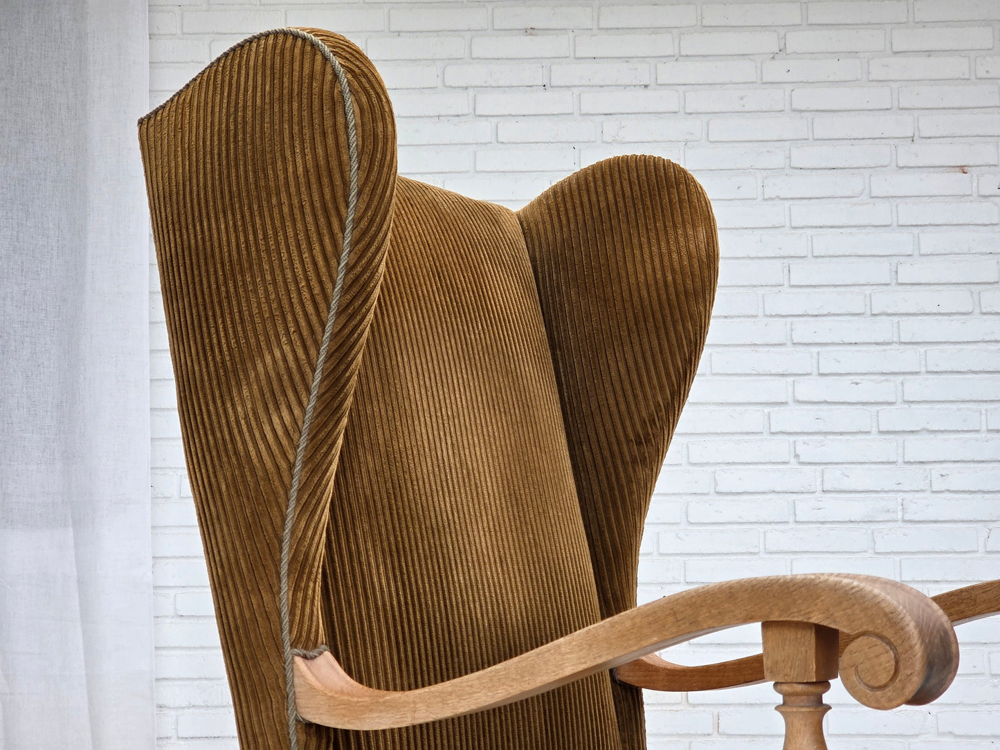 1970s, Scandinavian wingback, highback armchair, furniture corduroy, carved oak wood.