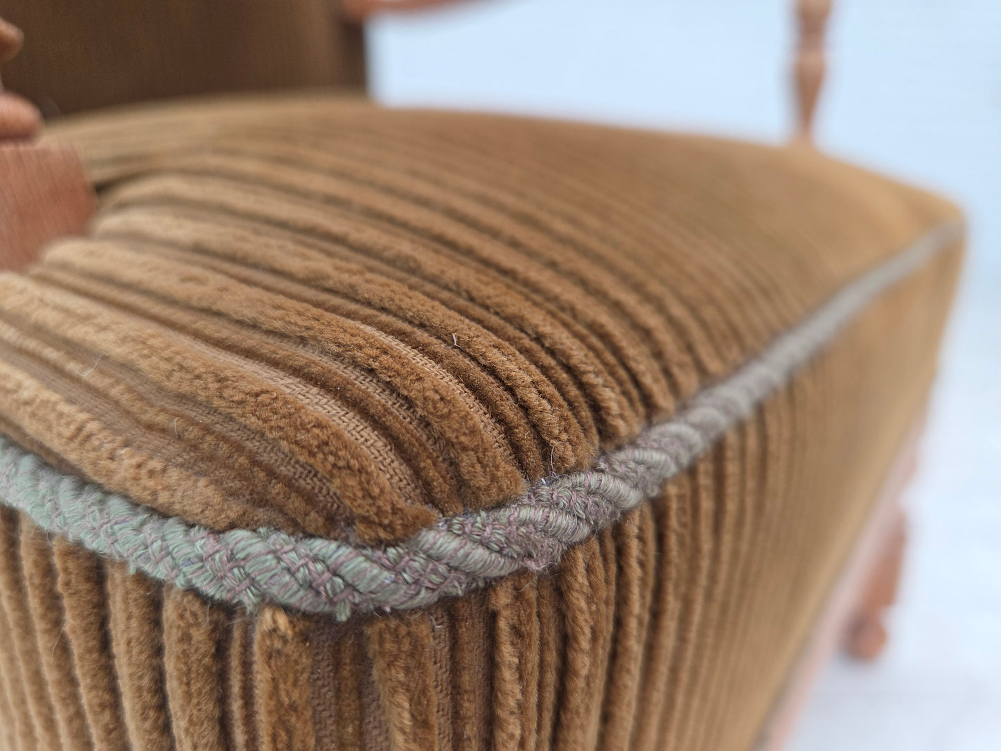 1970s, Scandinavian wingback, highback armchair, furniture corduroy, carved oak wood.