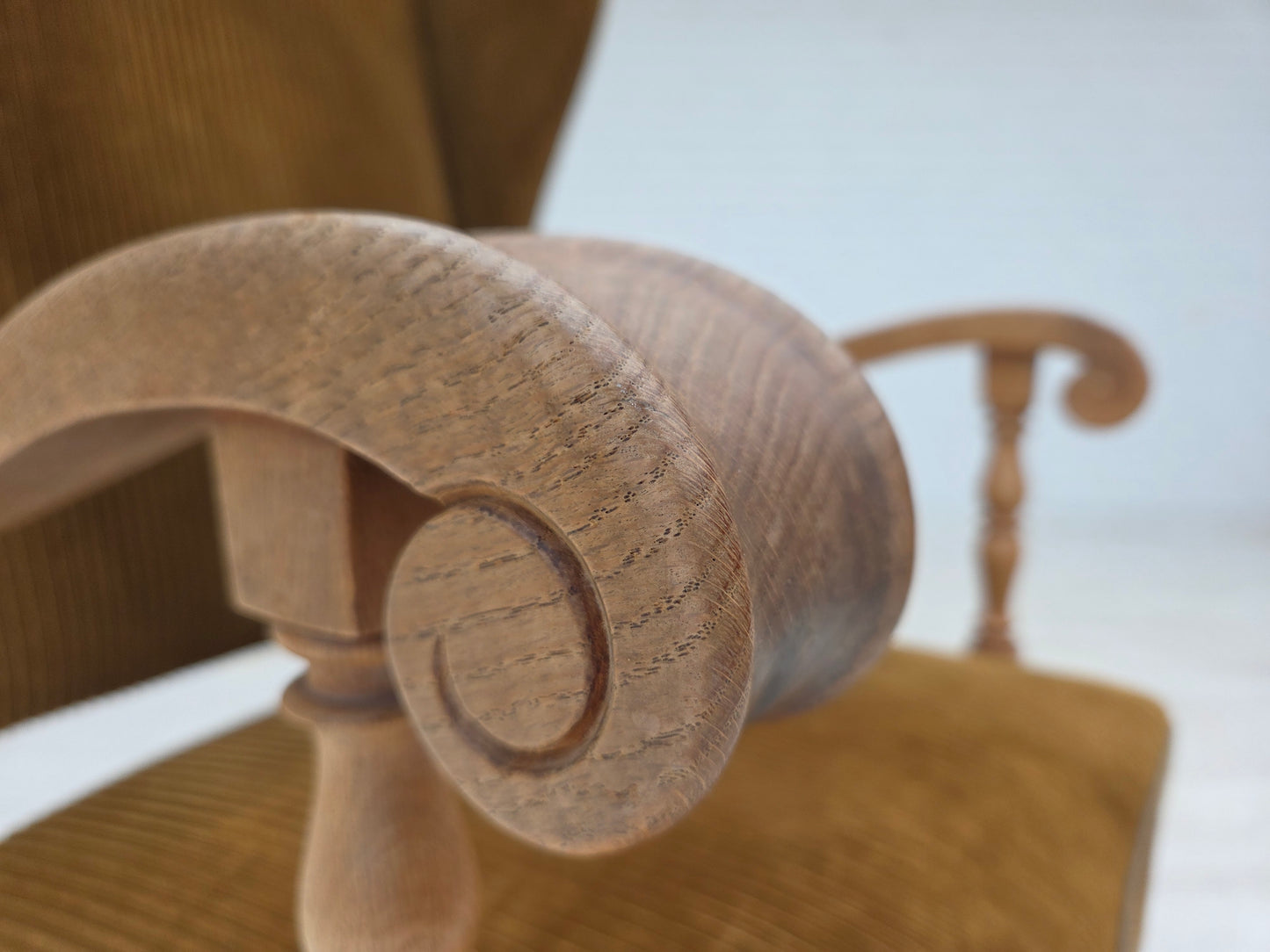 1970s, Scandinavian wingback, highback armchair, furniture corduroy, carved oak wood.