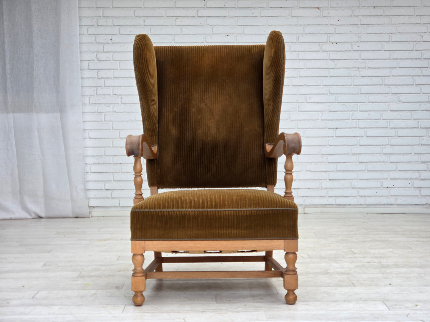 1970s, Scandinavian wingback, highback armchair, furniture corduroy, carved oak wood.