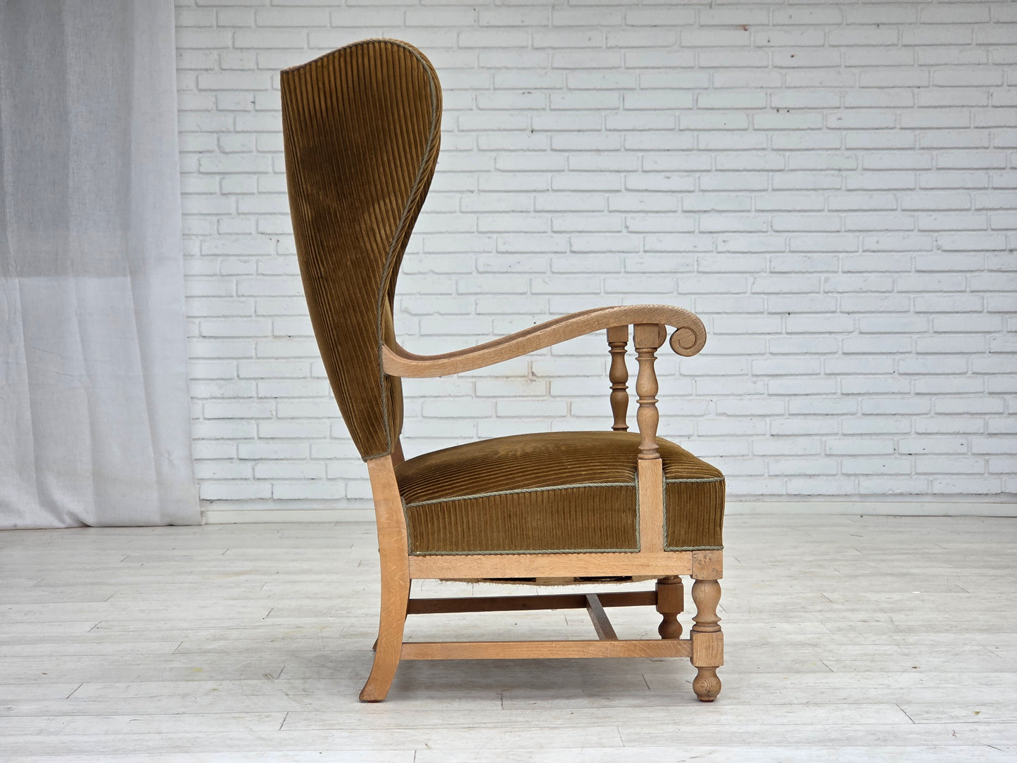 1970s, Scandinavian wingback, highback armchair, furniture corduroy, carved oak wood.